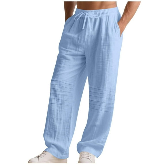 Pants For Men Casual Loose Fit Elastic Drawstring Waist Breathable Straight Leg Summer Beach Pant With Pocket (M, Light Blue)