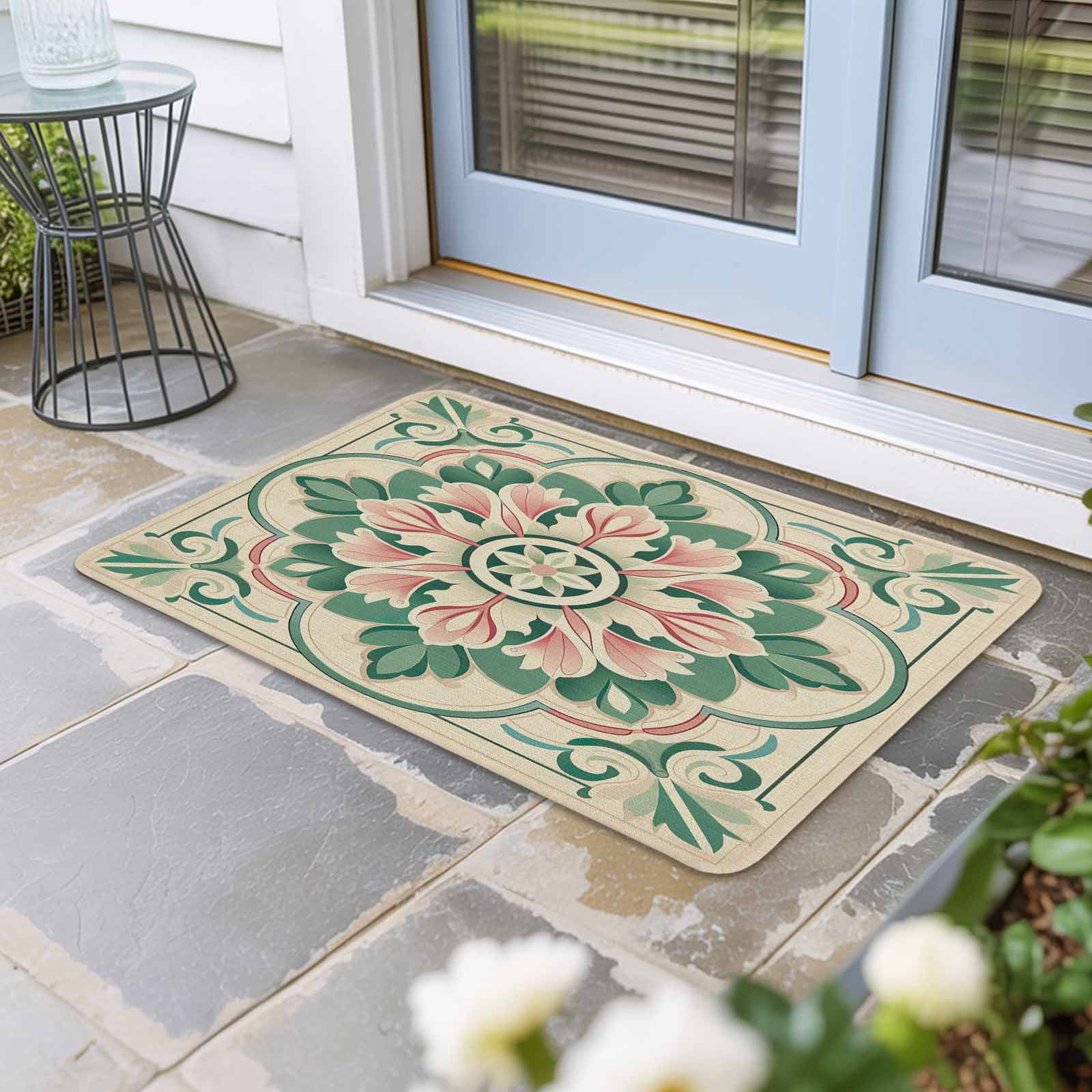 Pink Green Flower Doormat Outdoor Entrance 24"x36", Elegant Spring Floral Abstract Art Absorb Moisture Dirt Door Mats, Non-Slip Rubber Backing Floor Mats Indoor, Low-Profile Front Door Rugs