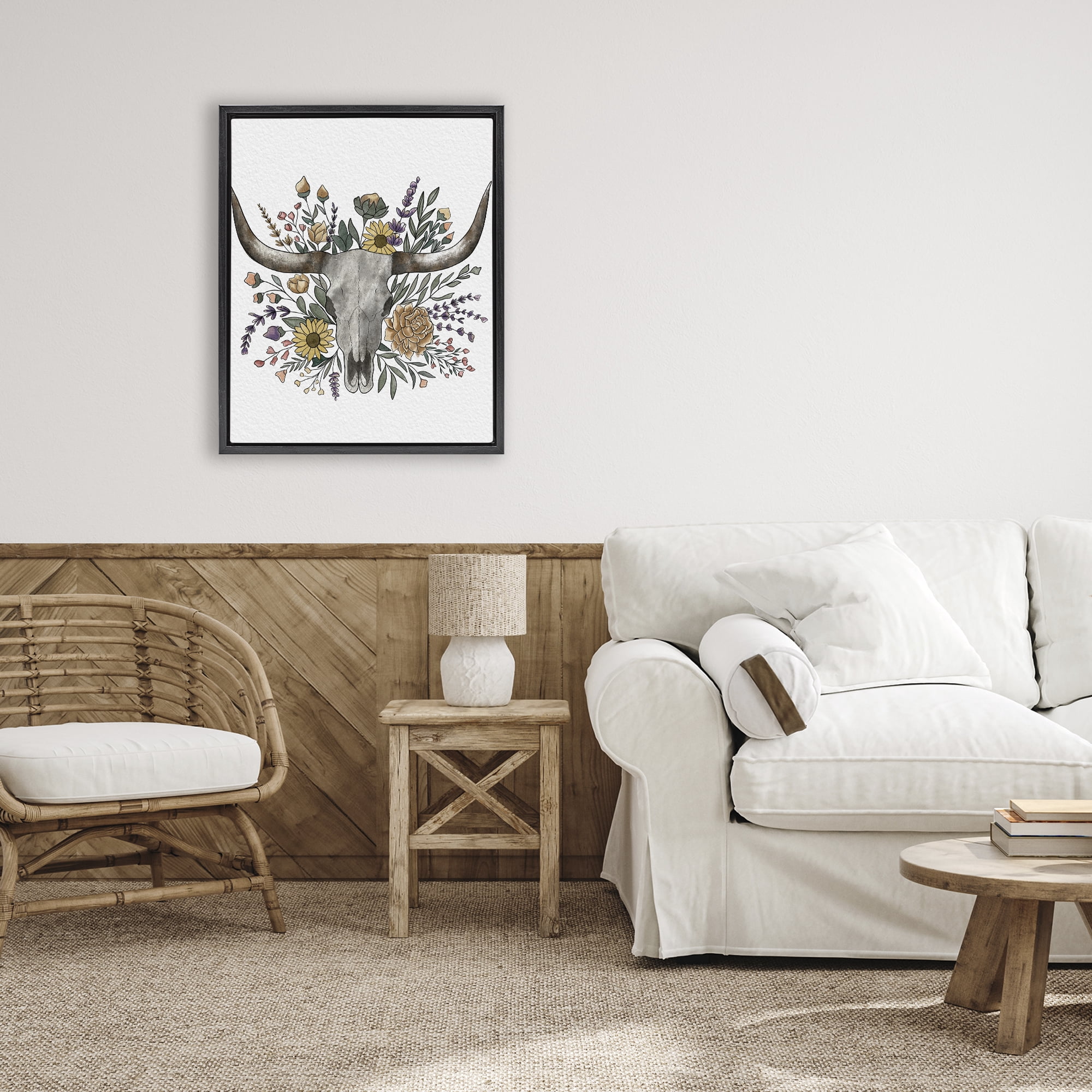 Stupell Industries Boho Wildflower Longhorn Black Framed Floater Canvas Wall Art, design by Alisha Kiara Design