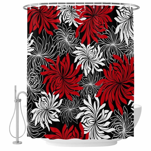 Small Stall Shower Curtain 36x78 Inch Narrow Half Size Red Black Flowers Bath Curtains Bathroom Decor, Abstract Botanical Floral Textured Plant Waterproof Fabric Shower Curtain Set with Hooks 36 Inch