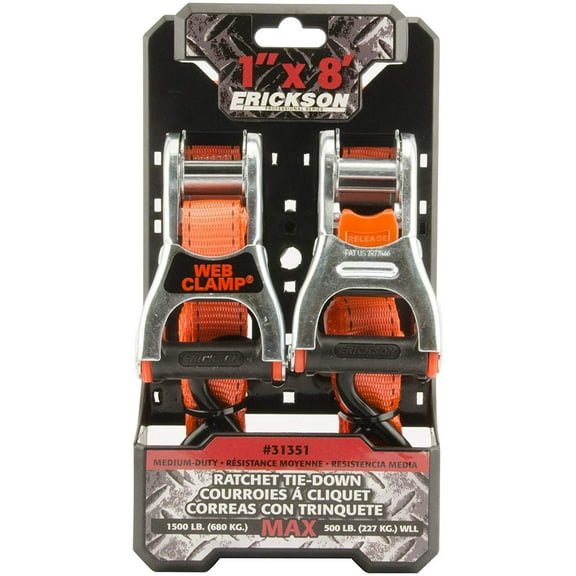Erickson 31351 Orange 1" X 15' Web Clamp Ratchet Tie-Down, 1500 lb. Load Capacity, Pack of 2