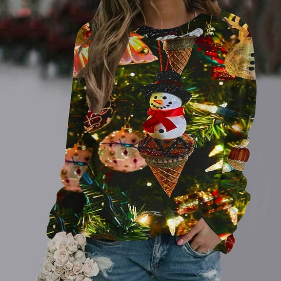 WXLWZYWL Womens Christmas Sweatshirts Cute Xmas Ugly 3D Graphic Print Sweaters Oversized Long Sleeve Round Neck Pullover Tops