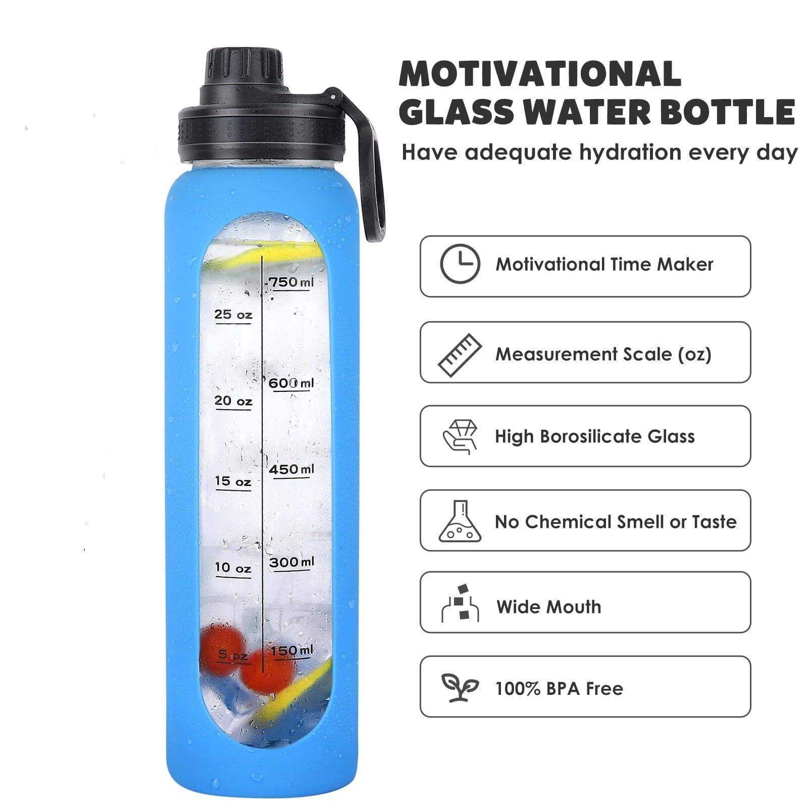 Glass Water Bottles 32oz with Silicone Sleeve Drinking Hydration Bottles Reusable Borosilicate Wide Mouth Motivational Water Flask Canteen with Time Marker Spout Lid and Brush