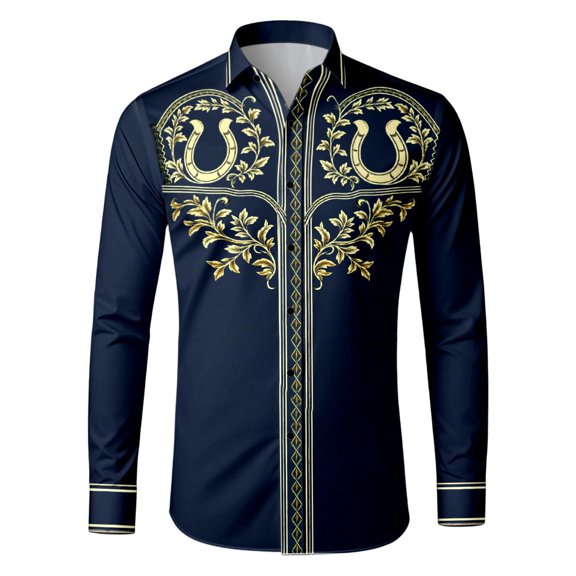 JAJAHO Button Up Shirts Men Cowboy Long Sleeve Ethnic Style Print Collared Retro Casual Slim Fit Shirt For Men Trendy Tops