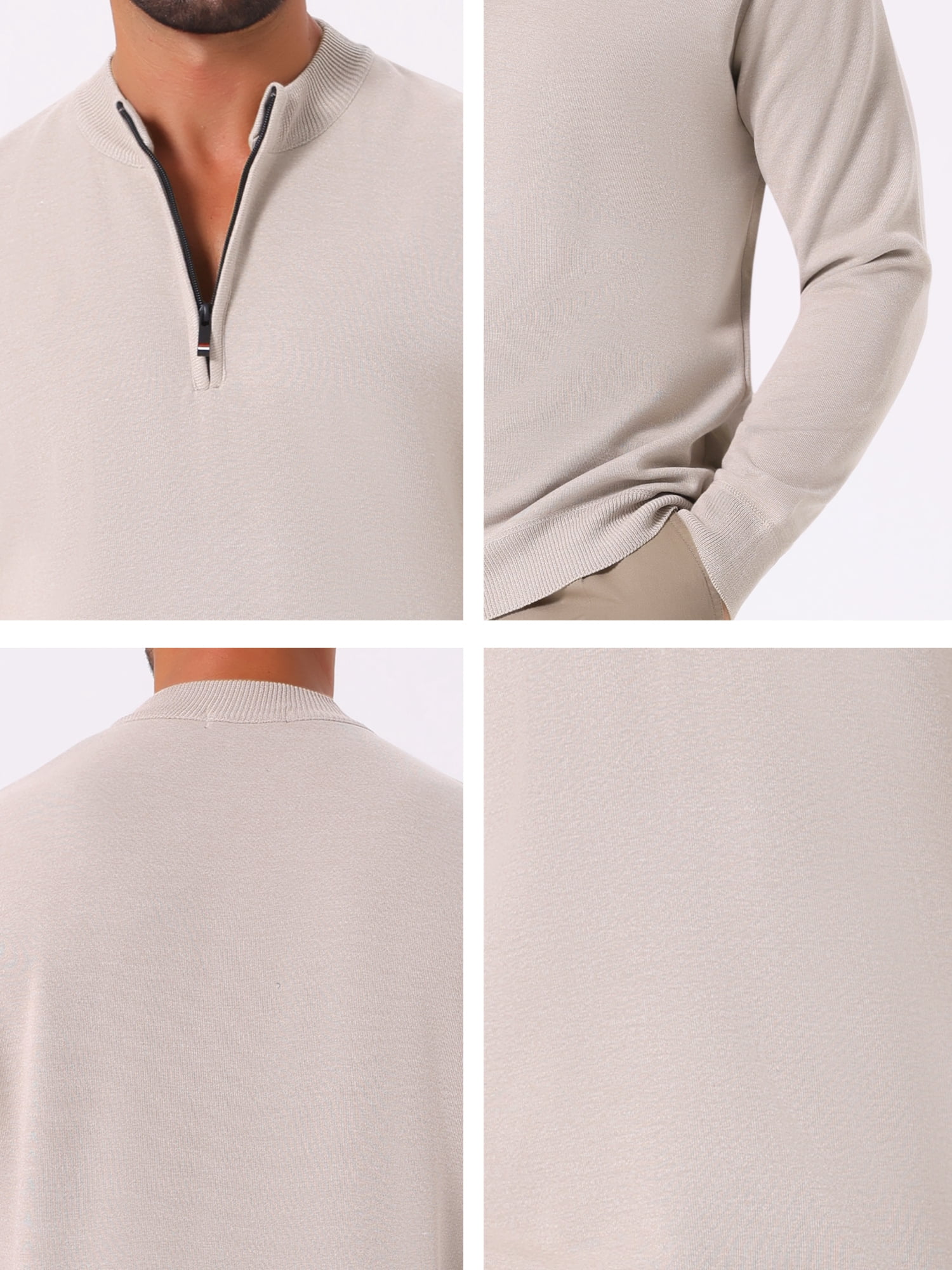 DARING DIVA Men's Mock Neck Pullover Quarter Zip Knitted Polo Sweater L Beige