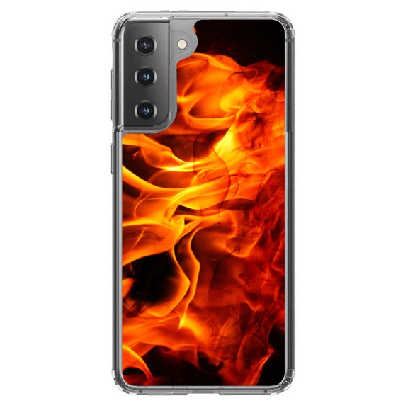 DistinctInk Clear Shockproof Hybrid Case for Galaxy S21  PLUS 5G (6.7" Screen) - TPU Bumper, Acrylic Back, Tempered Glass Screen Protector - Red Black Flame Fire - Printed Image of Fire