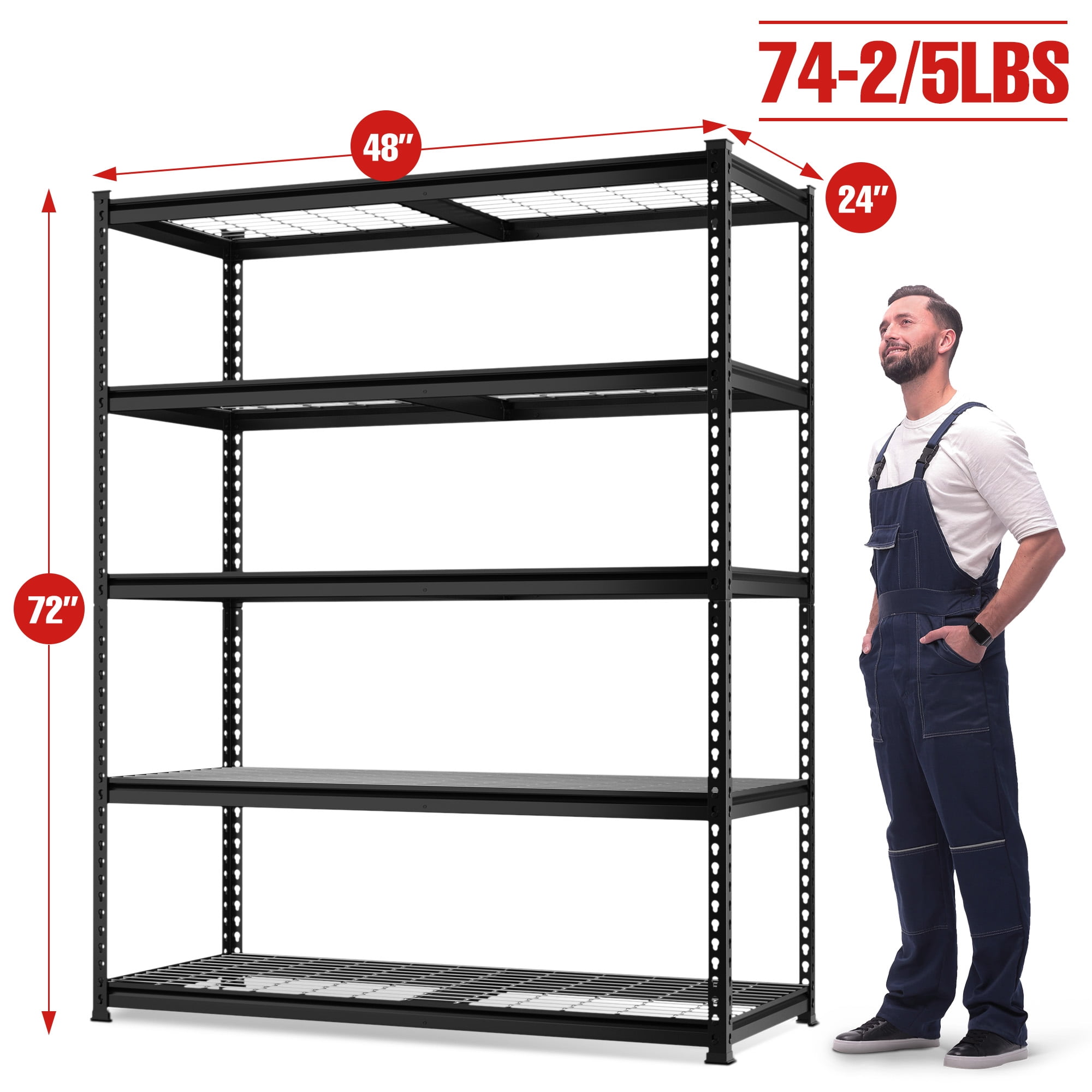 WORKPRO 4000 lbs 5-Tier Metal Shelving Unit, 72”H x 48”W x 24”D, Heavy Duty Adjustable Storage Rack, for Garage, Basement, Warehouse, Workshop