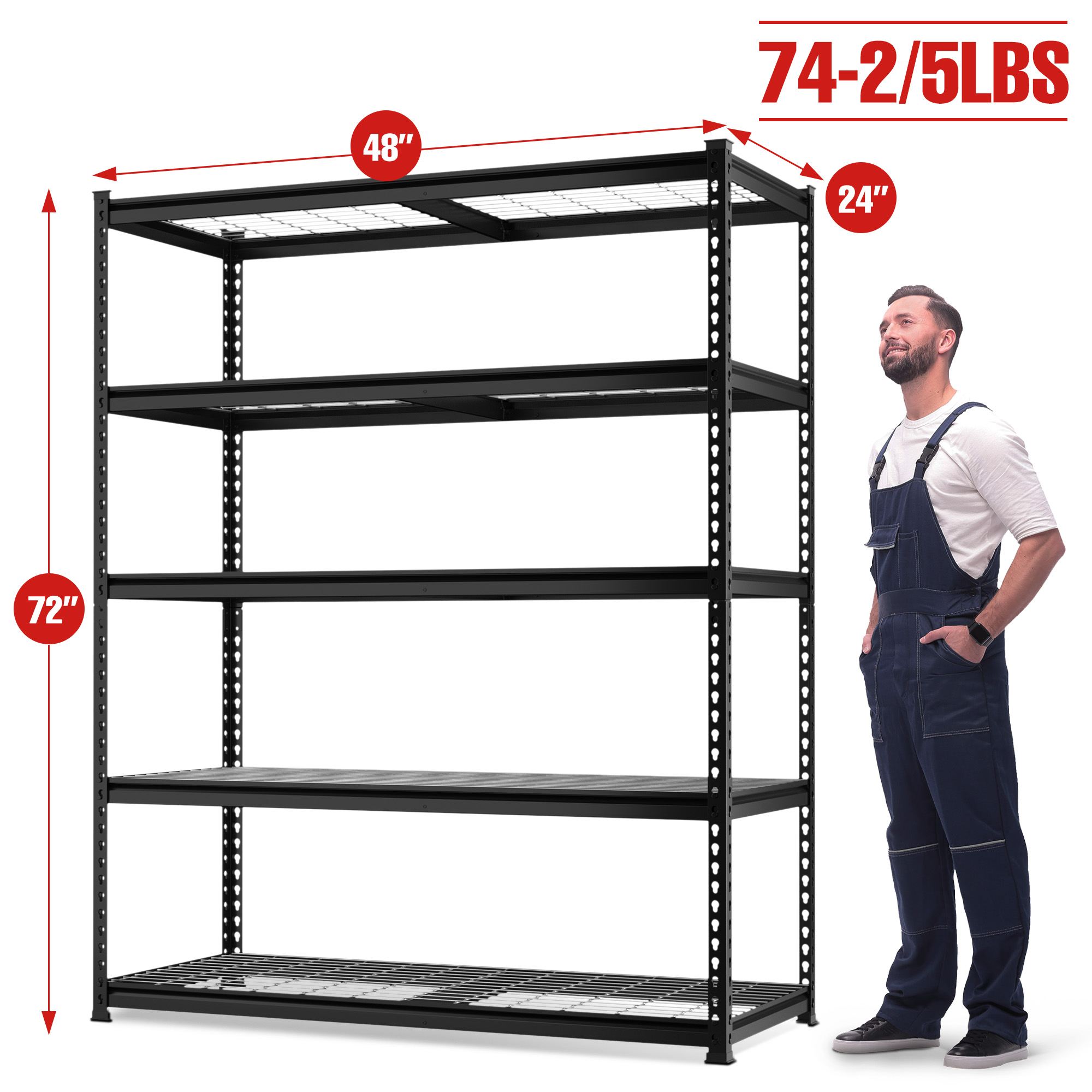 WorkPro 5-Tier Metal Shelving Unit, 72"H x 48"W, Black photo 2