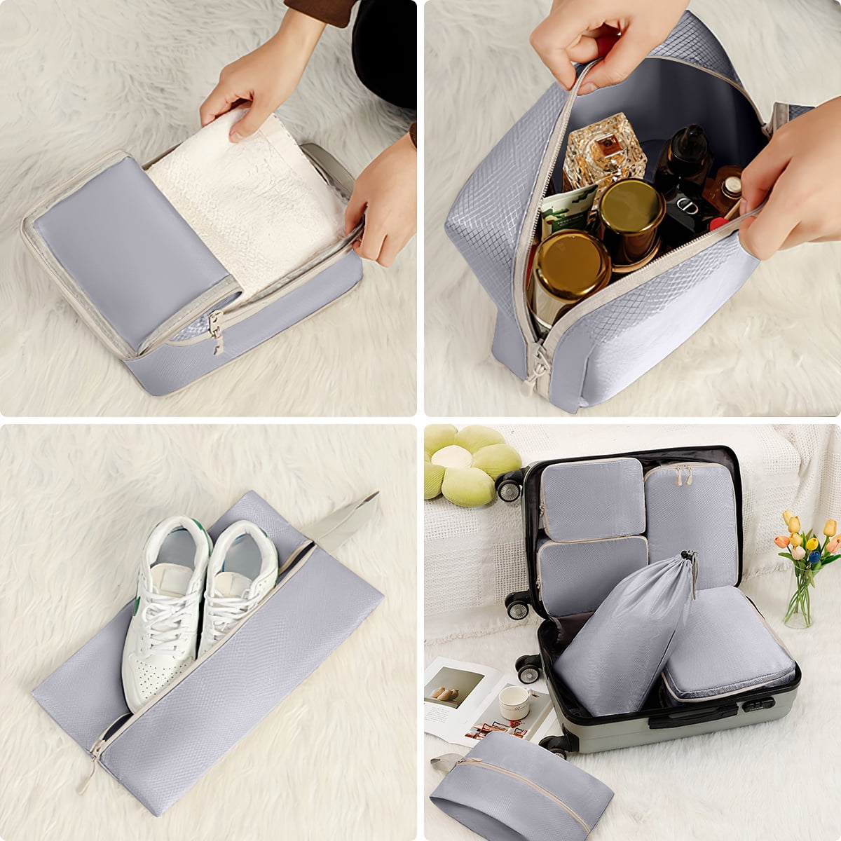 Compression Packing Cubes for Suitcase, 12 PCS Travel Luggage Packing Organizers Waterproof Travel Essentials Bag Clothes Shoes Cosmetics Toiletries Storage Bags for Travel, Gray