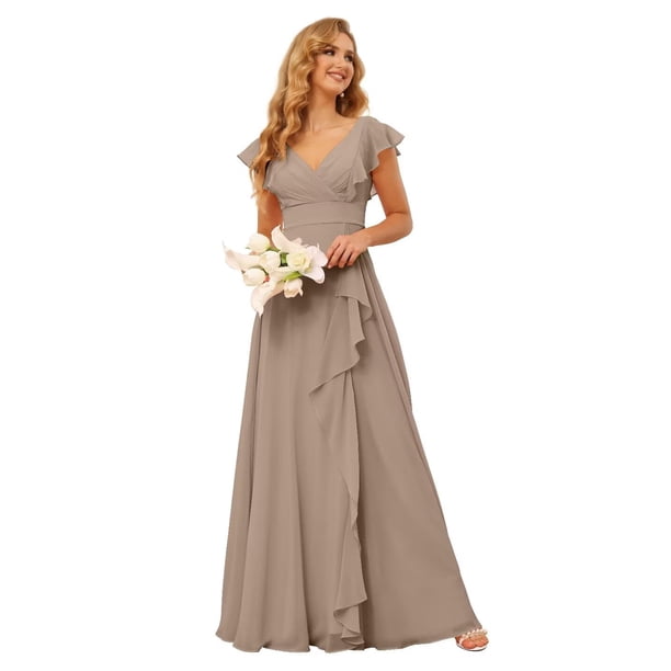 Vestidos largos de dama de honor de chiffon con mangas de volantes Topo