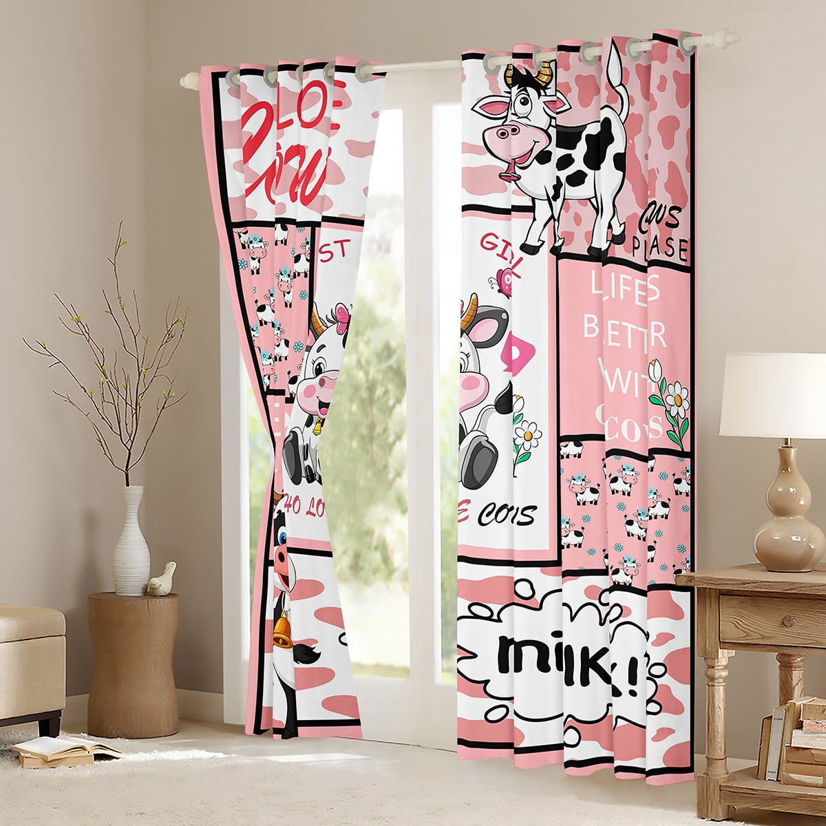 Castle Fairy Kawaii Cow Curtains Pack of 2 (42x84 Each) for Boys Girls,Cartoon Farmhouse Animal Curtains Blackout,Black Pink Bedroom Curtains,Luxury Bedroom Decor