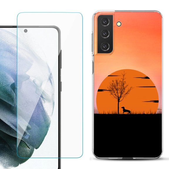 Slim-Fit TPU Fashion Phone Case for Samsung Galaxy S21 FE 5G Fan Edition, with Tempered Glass Screen Protector, by OneToughShield ® - Sunset Dachshund