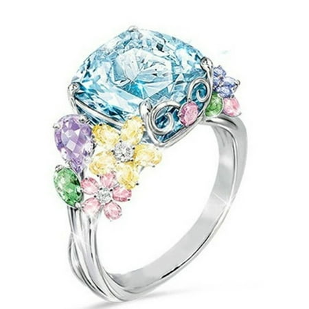 Lucky Square Ring - AkoaDa Exquisite 925 Silver Colorful Petals Square Cut Blue Sapphire Crystal Rings Anniversary Promise Gift Engagement Banquet Party Wedding Rings For Female Women Brides Ring