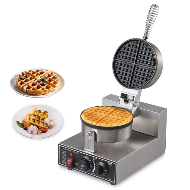 Bingirl Commercial Waffle Maker Non-Stick Rotatable Waffle Baker Machine Stainless Steel Round Commercial Waffle Maker for Restaurant Home Kitchen 1300W 110V