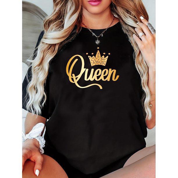 Camiseta retro con estampado inglés de la corona de la reina para mujer, sencilla, informal, de cuello redondo y manga larga, cómoda, para primavera y otoño.