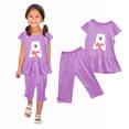 thumbnail image 4 of Odeerbi Kids Girls 2 Piece Outfits Ruffle Tops Capris Set Summer Clothes Floral Print Round Neck Short Sleeve Flying Sleeves Top Elastic Waist Cropped Pants Two-piece Set Purple, 4 of 5