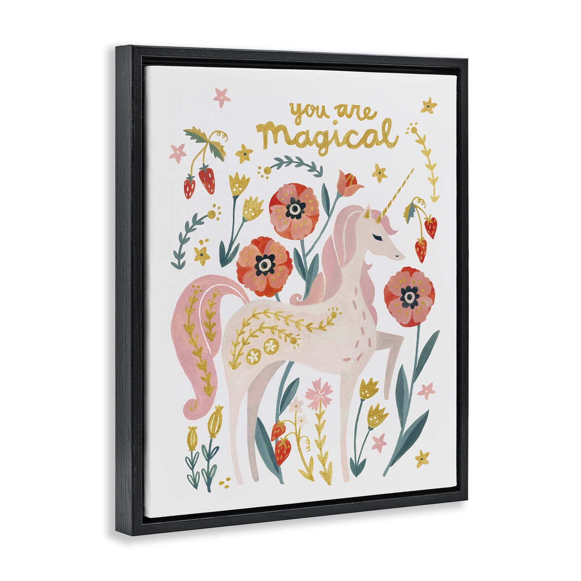 Stupell Industries Magical Pink Unicorn & Florals Fantasy & Sci-Fi Painting Black Floater Framed Canvas Art Print Wall Art, 25 x 31