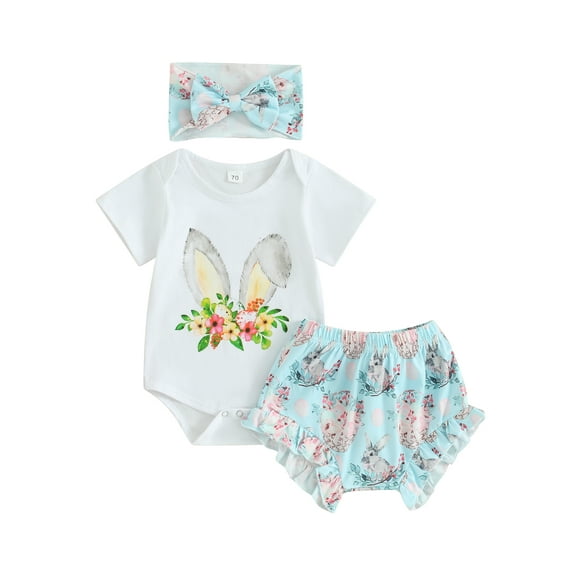 Jxzom Toddler Baby Boys Girls Easter Outfits 3 6 9 12 18 24 Months Buuny Eggs Print Romper Shorts Headband Summer Clothes Set