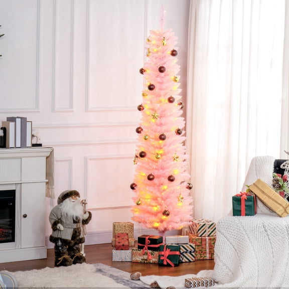 HOMCOM 6ft Tall Pencil Prelit Artificial Christmas Tree Holiday Décor with 360 Colorful Surface Branches, 200 Colorful LED Lights, Pink