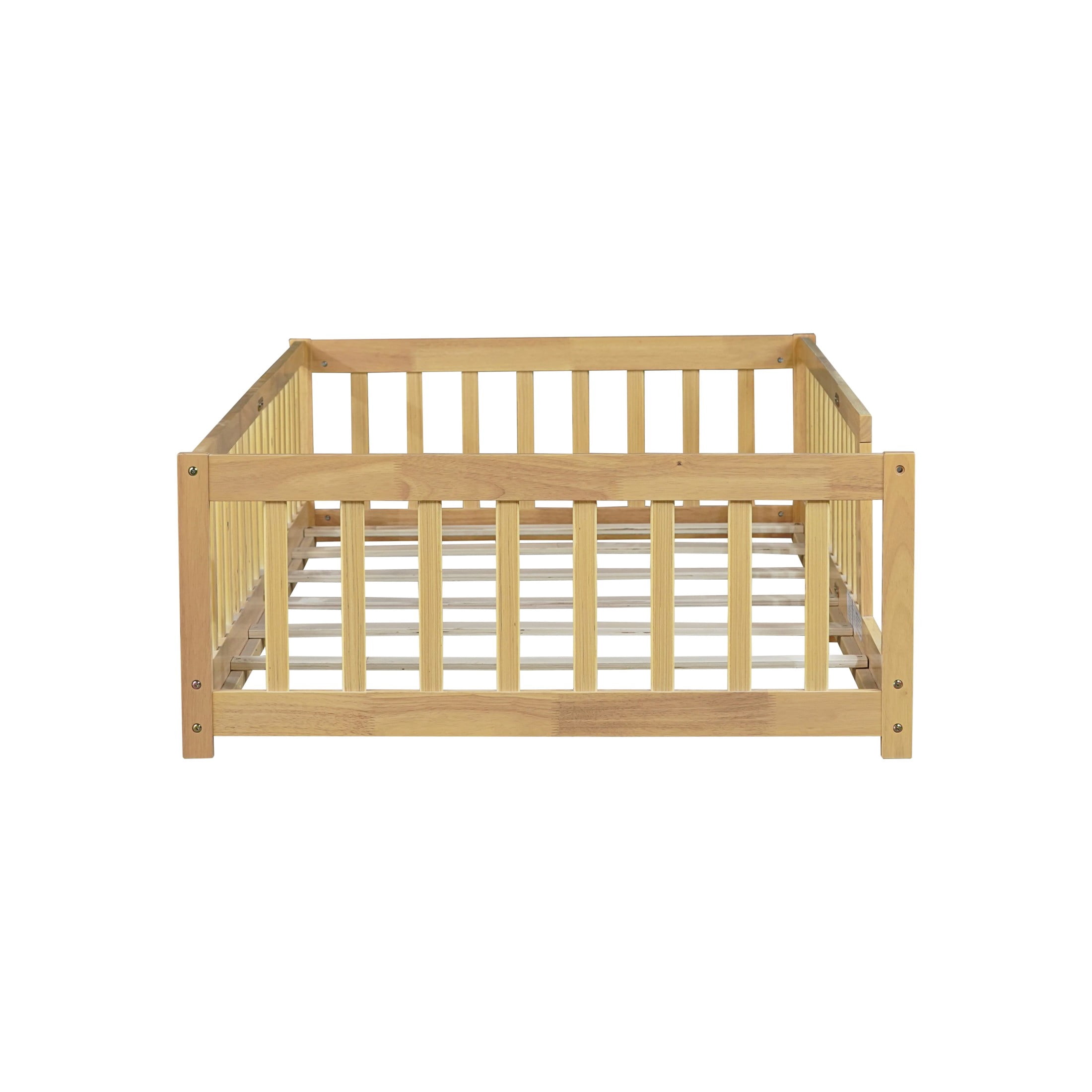 Noble House Erika Twin Floor Bed with Safety Fence, Rubber Wood Montessori Bed Frame, Kid's Room, Natural