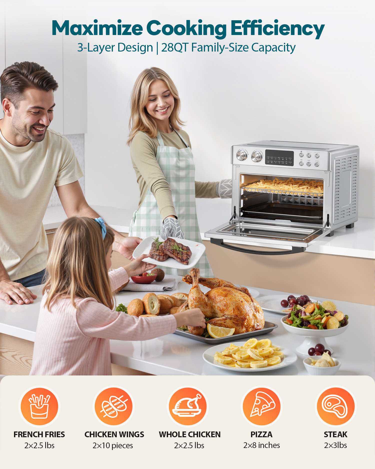 Air Fryer Toaster Oven Combo, 28Quart 12-in-1 Extra Large Countertop Convection Oven with LED Display, Toast, Roast, Bake, Reheat, Broil & Steam , 7 Accessories+Recipe, Stainless Steel