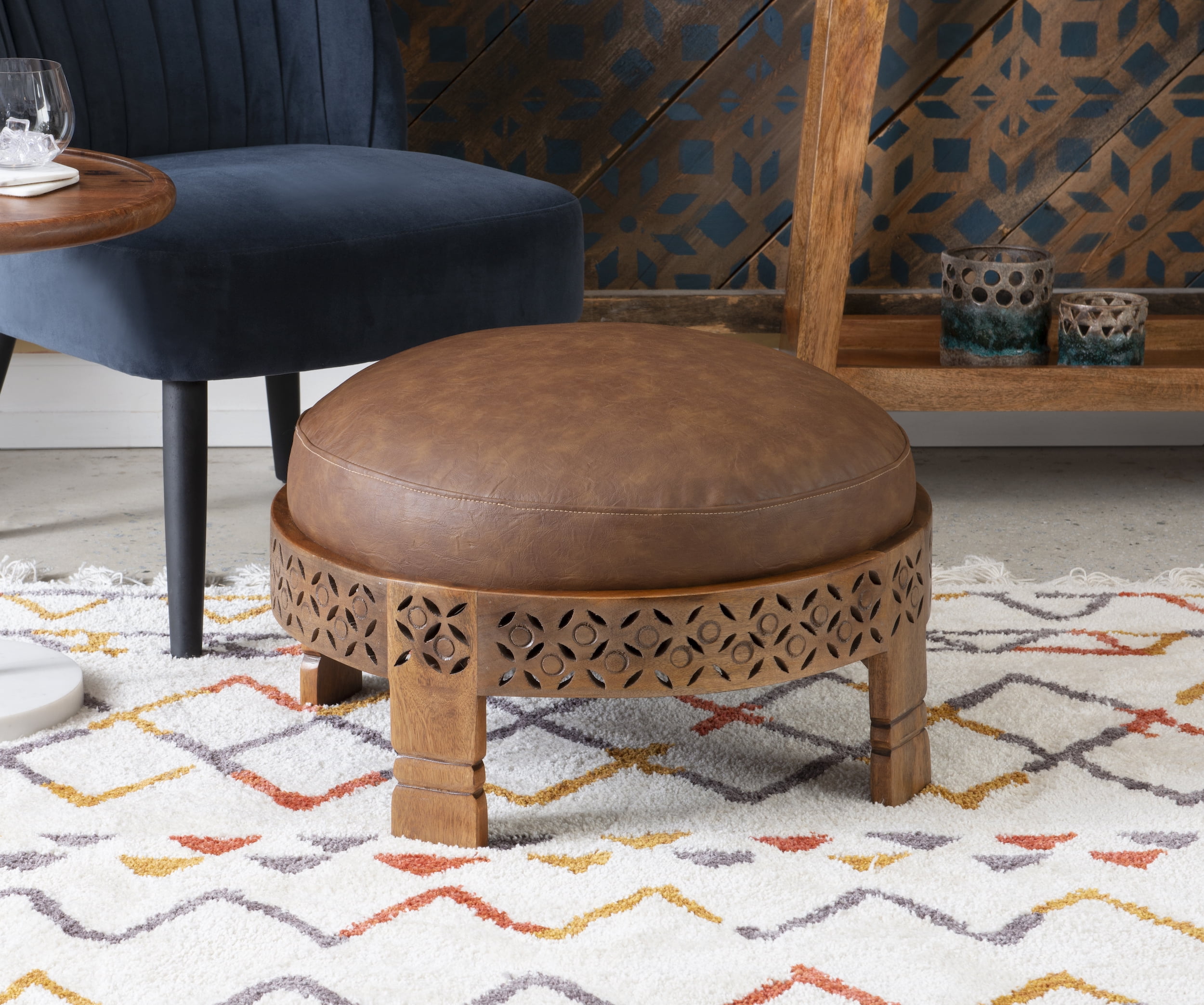 Sophiea Round Ottoman Stool, Brown Faux Leather - Walmart.com