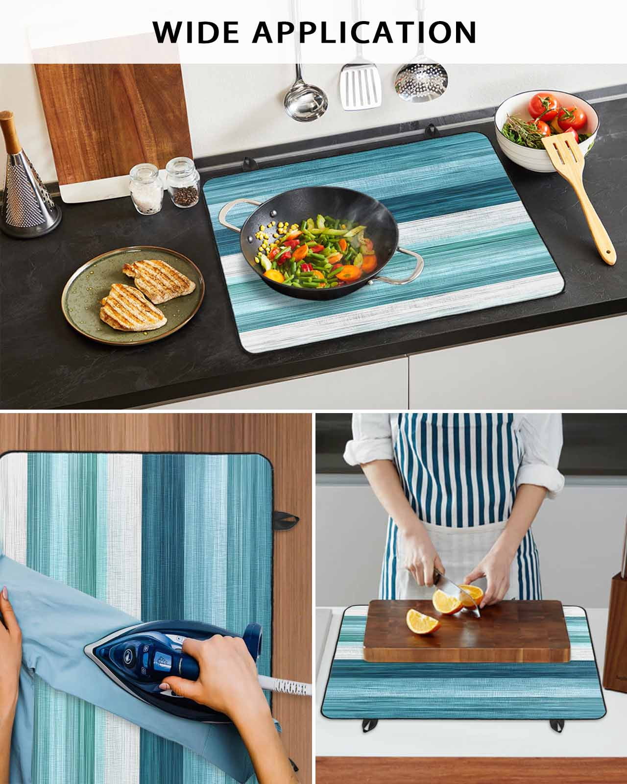 nqOlkjepod Large Induction Cooktop Protector Mat 36"x21", Teal Blue Green Stove Top Covers for Electric Stove, Modern Ombre Minimalism Abstract Stripes Stove Burner Cover Mats, Glass Top Stove Cover