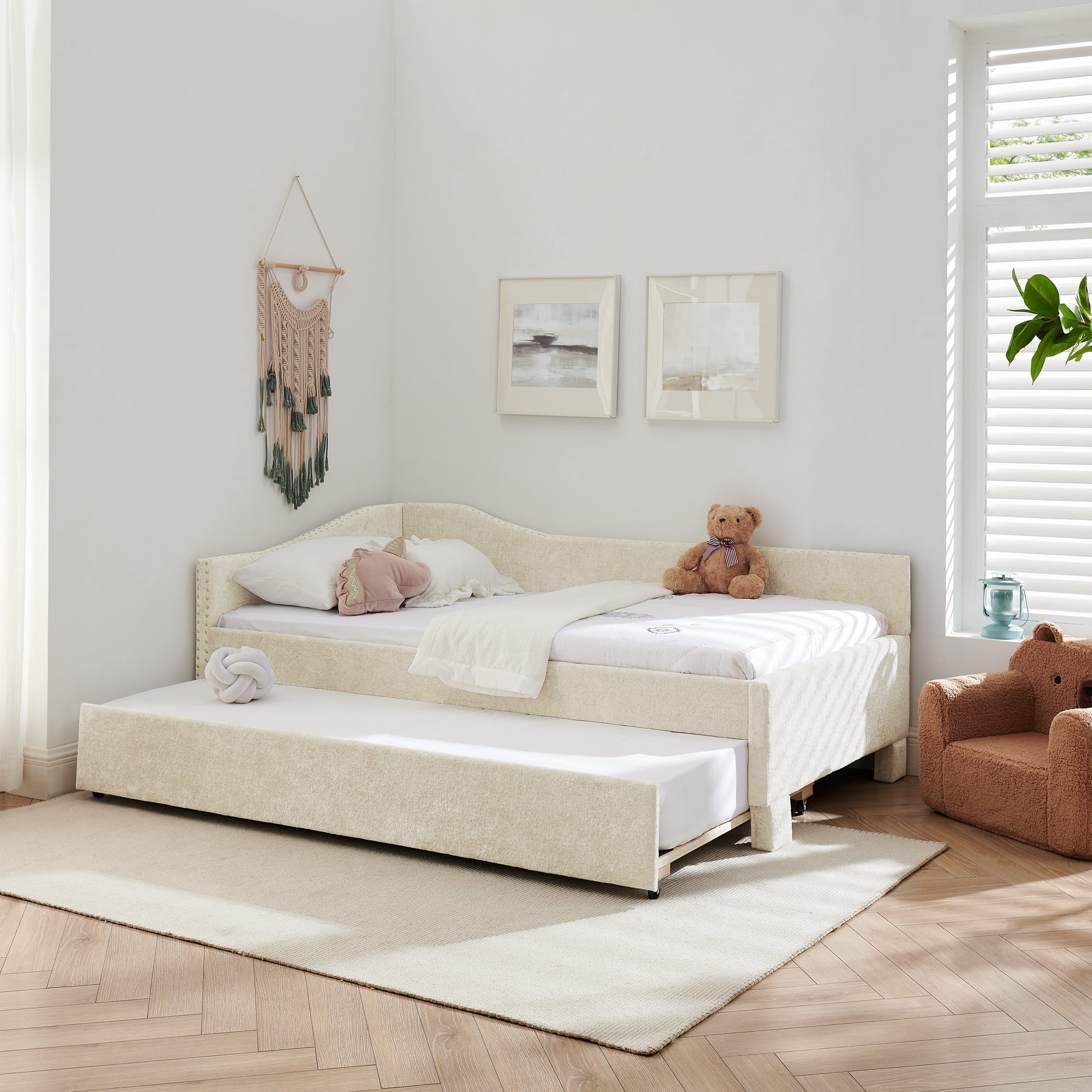 Twin Size Daybed,Chenille Upholstered Daybed with Pull-Out Trundle & Built-In USB Charging Port,2-in-1 Space Saving Sofa Bed for Guest Room,Small Space,Beige