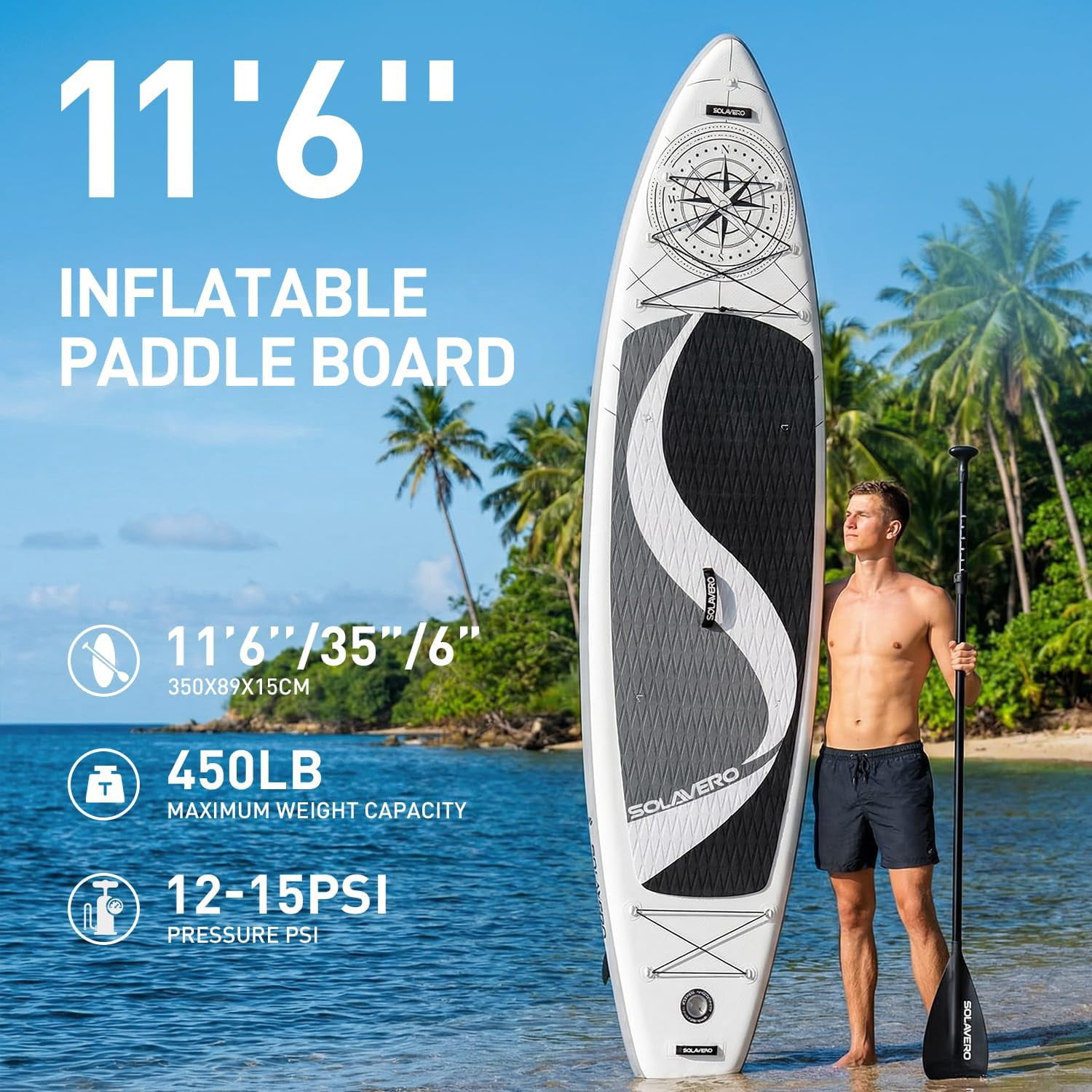 SOLAVERO 11'x35" Inflatable Paddle Stand Up Board with SUP Accessories for Adults, Ultra-Light & Non-Slip Deck Sup Paddle Board