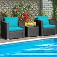 thumbnail image 3 of Gymax 3PCS Rattan Patio Conversation Furniture Set Outdoor w/ Turquoise Cushions, 3 of 10