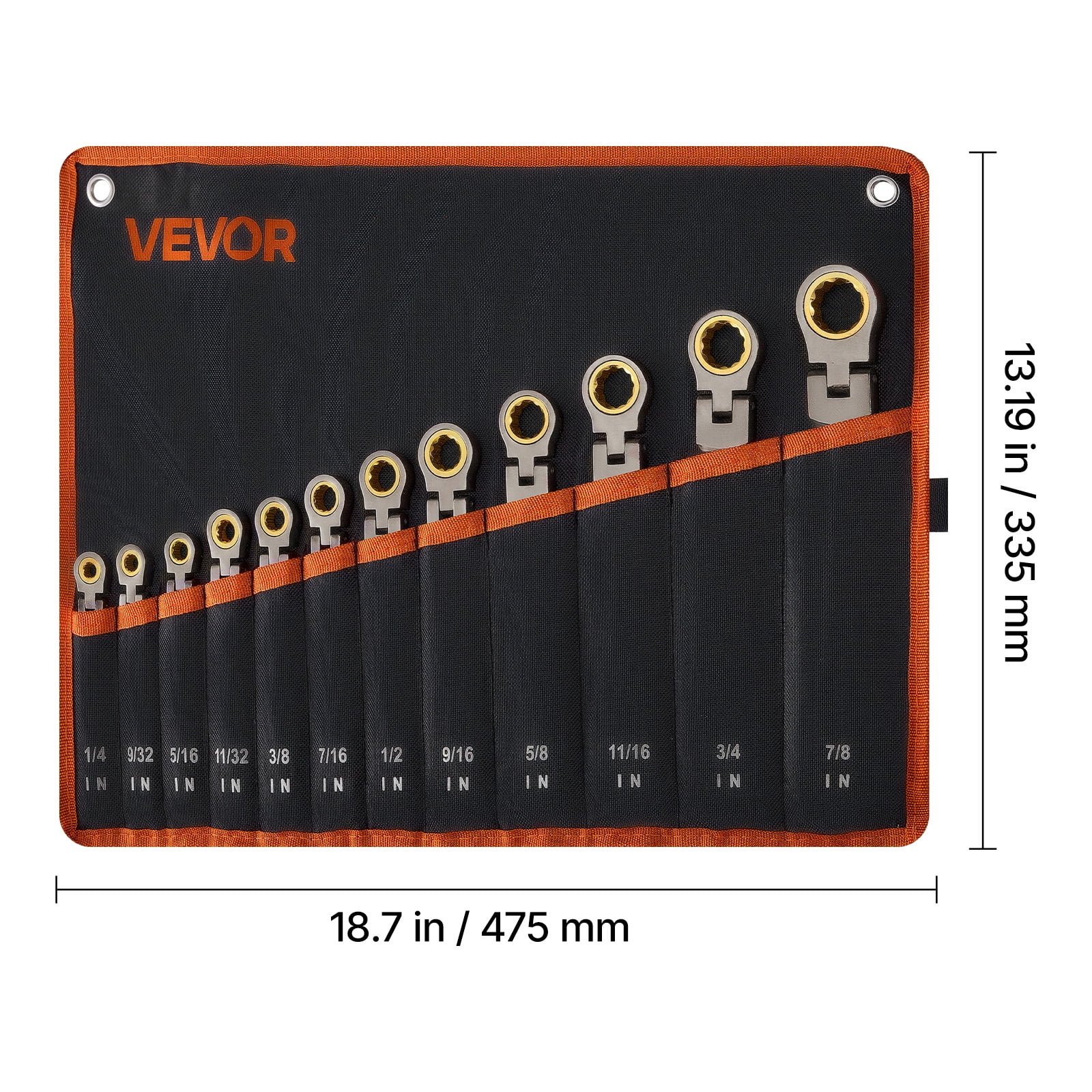 VEVOR Flex-Head Ratcheting Wrench Set, 12-Piece SAE Sizes, 72 Teeth, Cr-V Steel Ratchet Flexible Combination Wrench Set with Roll Up Pouch, for General Household and Automotive Repairs, Gray Nickel