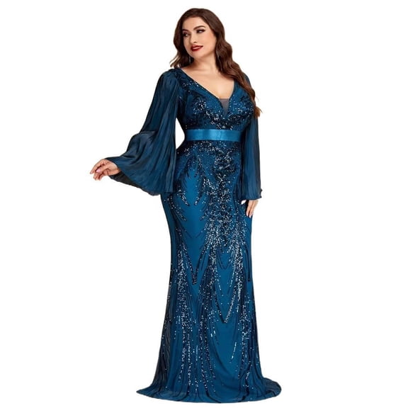 AURA Plus Size Evening Dress Deep V Neck Long Sleeve Party Teal Blue 0XL-4XL