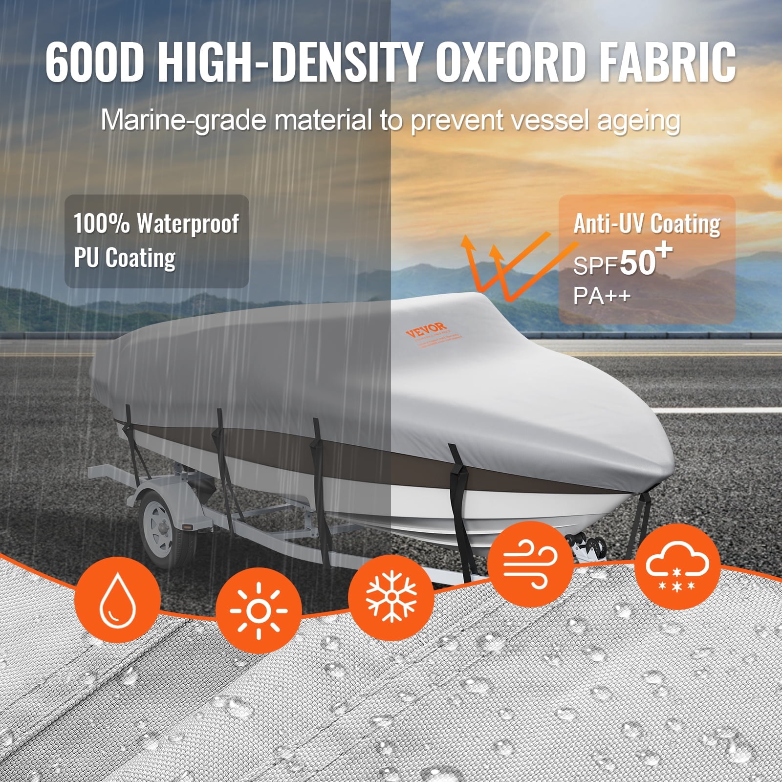 VEVOR Boat Cover, 17'-19' Trailerable Waterproof Boat Cover, 600D Marine Grade PU Oxford, with Motor Cover and Buckle Straps, for V-Hull, Tri-Hull, Runabout, Bass Boat, Fish Ski Boat, Grey