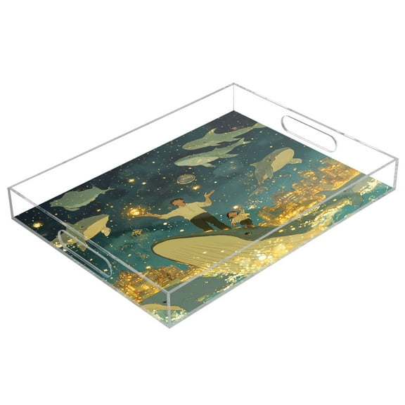 WOBOGO Acrylic Serving Trays 15.7x11.8 Inch Spill Proof Clear Decorative Organizer with Handle A Sea Full Of Golden Stars