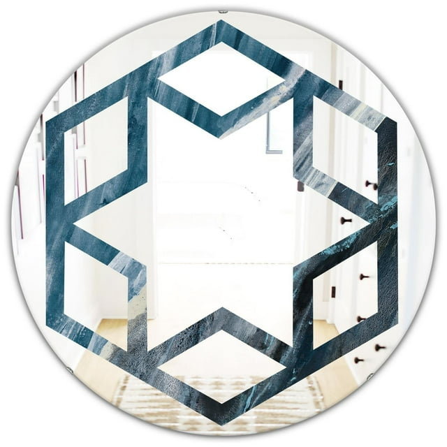 Round wall mirror featuring a hexagon star pattern with blue indigo splash design, measuring 24x24 inches.