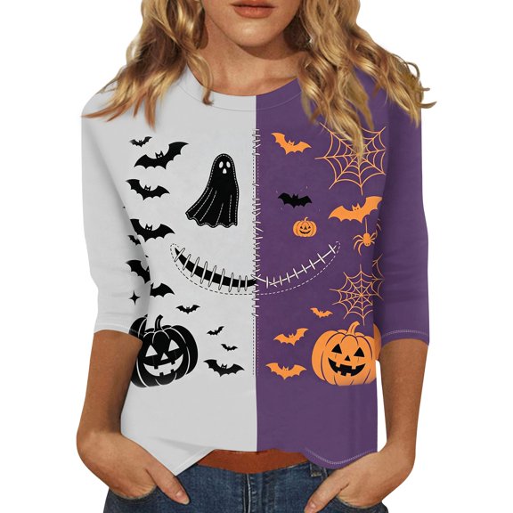 Trgacdwlo Halloween Shirts for Women 3/4 Sleeve Vintage Halloween Graphic Fall Crew Neck Tunic Shirts for Women Funny Pumpkin Ghost Pullover Tops