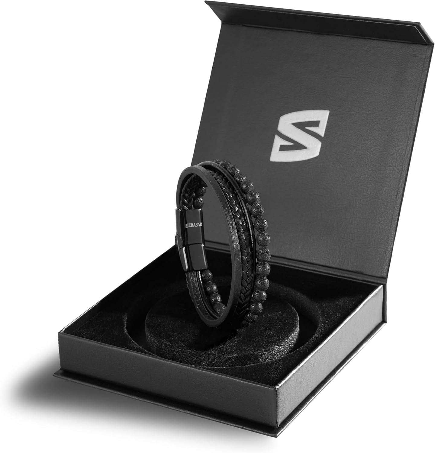 SERASAR Premium Genuine Leather Bracelet for Men [Stone] in Black | Natural Stone Beads | 20cm | Stainless Steel Magnetic Clasp | Includes Jewelry Box