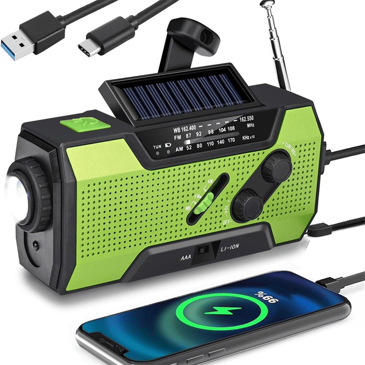 Emergency Weather Radio Hand Crank Portable Solar Charging with AM/FM/ LED Flashlight SOS Alert 2000mah