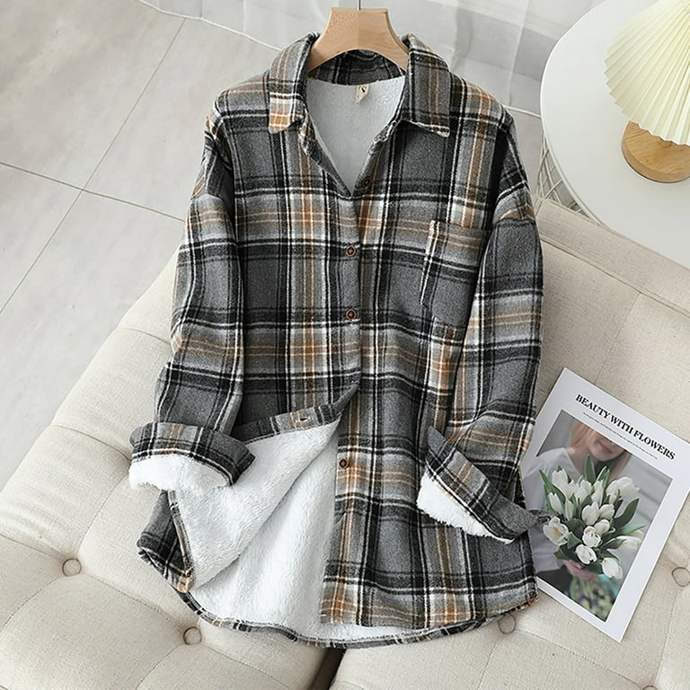 Qcmgmg Western Shirts for Women Fall Fleece Lined Shackets for Women 2023  Loose Button Down Y2k Jacket Plaid Outfits for Women Long Sleeve Women's  Clothing Gray M 