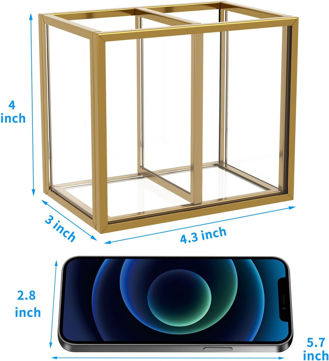 Gold Acrylic Pen Holder for Desk, Clear Pencil Cup Organizer Makeup Brush Holder, Acrylic Desk Organizers and Accessories for Desktop Office - 2 Compartments