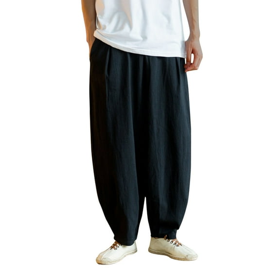 LMOIPLI Harem Pants for Men Tapered Leg Ankle Pant Trendy Elastic Waist Summer Baggy Casual Trousers Boho Pants Black L