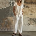 thumbnail image 2 of QSAWXQZ Women's 2 Piece Cotton Linen Outfit Set Short Sleeve Scoop Neck Pullover Top Wide Leg Pants with Pockets Summer Outerwear M, 2 of 9