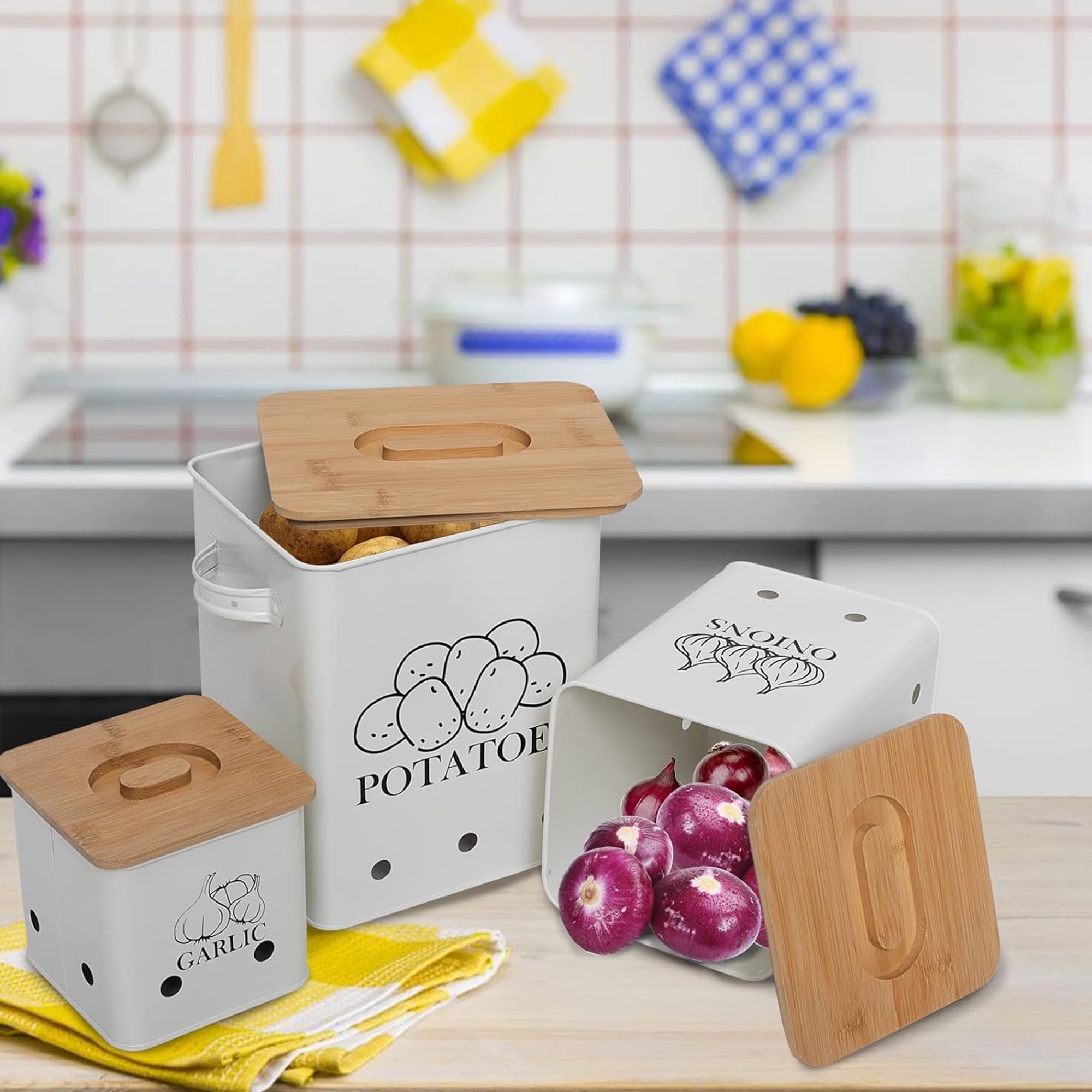 Pethiy Kitchen Storage for Potato Onion & Garlic,3 Pack Set Kitchen Counter Organizers with Wooden Lid - Potato Storage Garlic Bin,Onion Keeper Tin with Aerating Holes-White