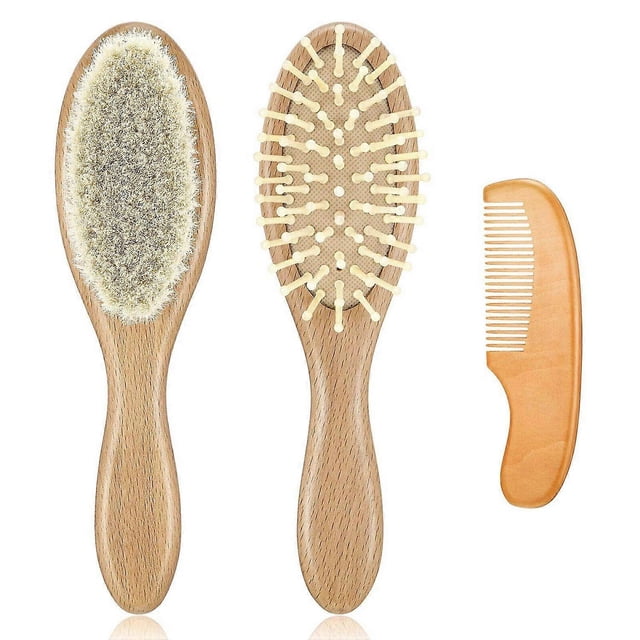Large Baby Wool Brush 3 Piece Set For Infant Hair Care Soft Bristles Massage Comb with Wooden Handle