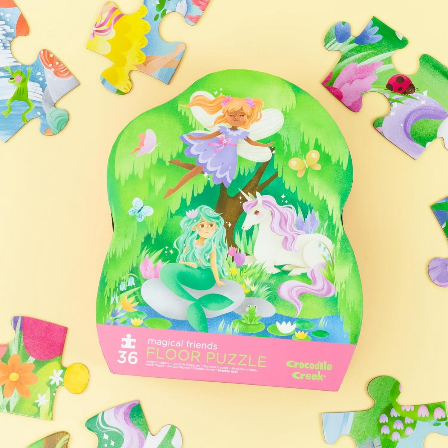 Crocodile Creek 36-Piece Jigsaw Floor Puzzle - Fun Floor Puzzles for Kids Ages 3-5 - Heavy-Duty Shaped Box for Storage - Magical Friends - 27" W x 20" H Finished