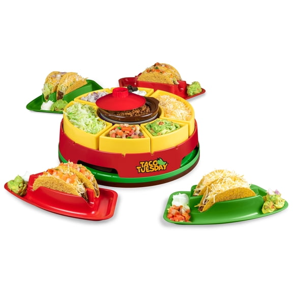 Taco Tuesday Taco Bar, Lazy Susan Food Tray with 16 oz Warming Pot, 6 Topping Trays, and 4 Taco Holders