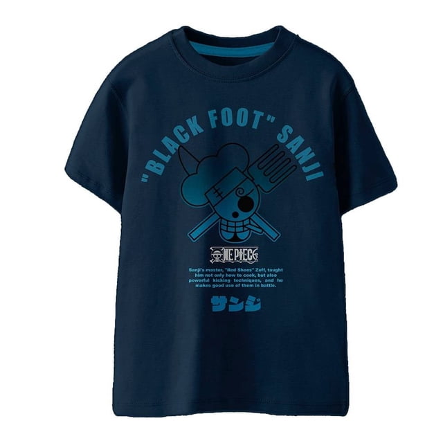 playera one piece para hombre, cuello redondo manga corta diseño black foot sanji azul talla 16eg vista frontal centrada de playera azul marino con cuello redondo y manga corta; estampado turquesa del logo 'Black Foot' Sanji (calavera con tenedor y cuchillo cruzados), logotipo One Piece y texto japonés en la parte frontal, dobladillo recto sobre fondo blanco.