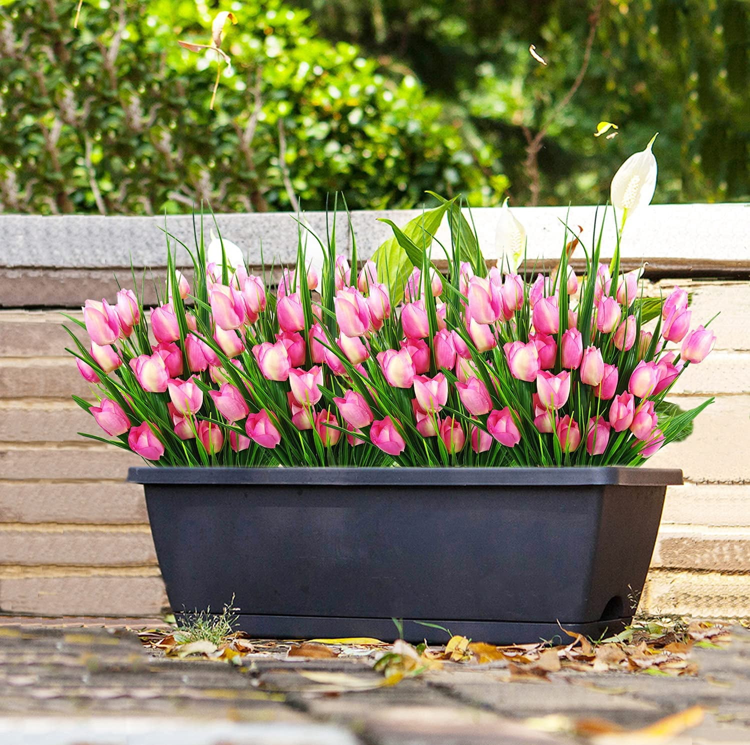 Outdoor Artificial Tulips Fake Flowers UV Resistant Faux Plastic Greenery Shrubs Plants for Home Outside Garden Porch Window Farmhouse Decor (Light Pink)