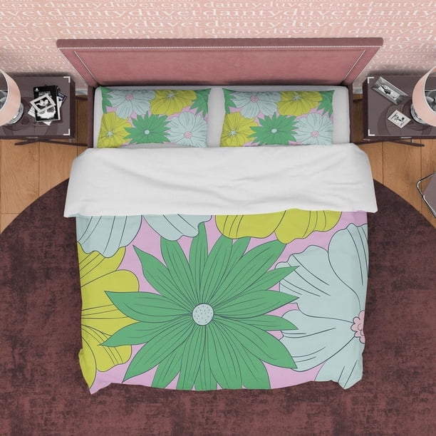 Flor Verde Boho Ropa de Cama Colorido Funda Nórdica Bohemio Juego de Dormitorio, Brillante