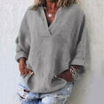 thumbnail image 2 of Womens Shirts Long Sleeve Cotton Linen Gauze Tops Casual V Neck Blouses Loose Fit Light Gray 2XL, 2 of 6